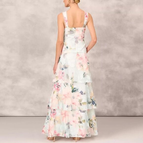 NWT AIDAN MATTOX FLORAL PRINT EMBROIDERED LONG A-LINE GOWN - Picture 3 of 8